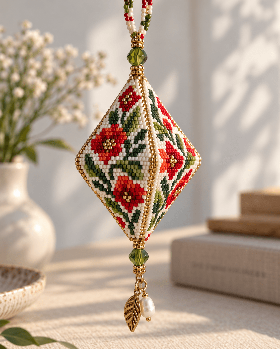 Green, white, and gold beaded pendant